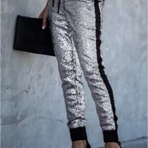 Glamorous Silver Joggers with Black Tuxedo Stripe
